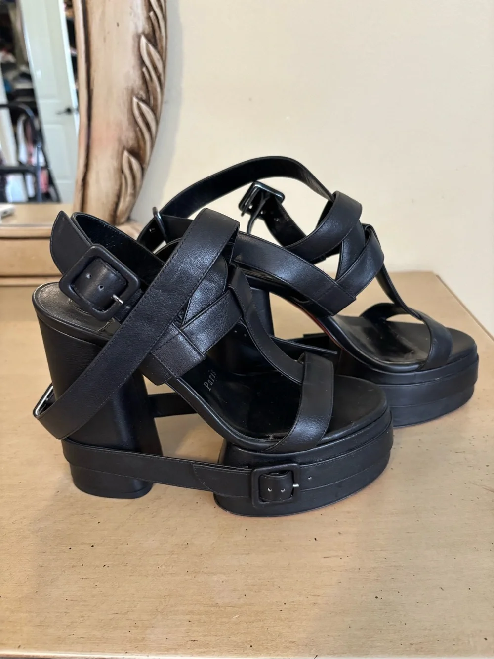 Christian Louboutin Black Leather Platform Strappy Sandals